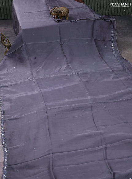 Satin crepe silk saree grey and maroon with allover mirror work and ajrakh printed blouse