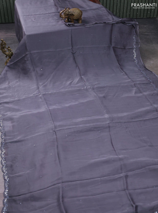 Satin crepe silk saree grey and maroon with allover mirror work and ajrakh printed blouse