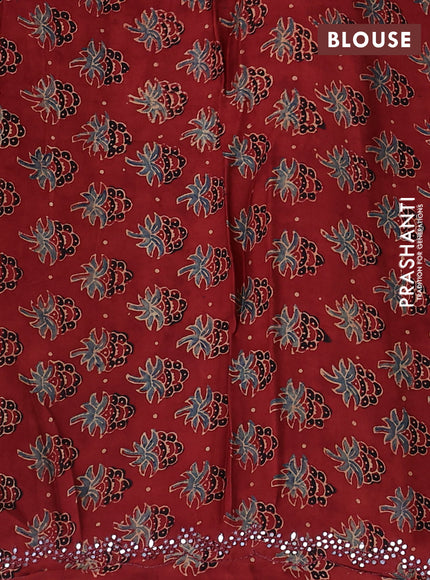 Satin crepe silk saree grey and maroon with allover mirror work and ajrakh printed blouse
