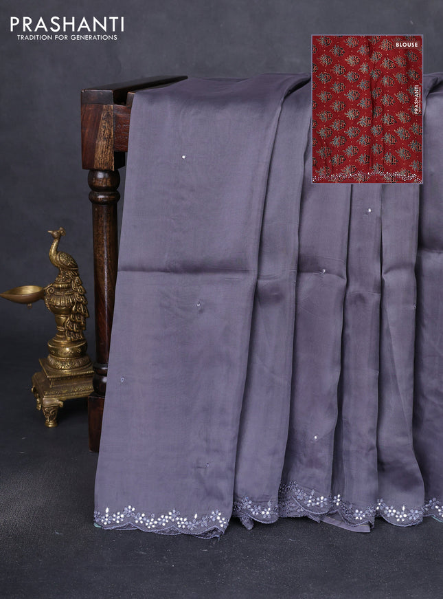 Satin crepe silk saree grey and maroon with allover mirror work and ajrakh printed blouse