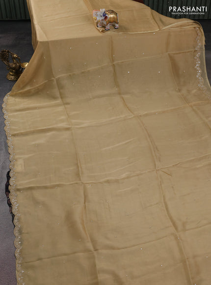 Satin crepe silk saree sandal and black with allover mirror work and ajrakh printed blouse