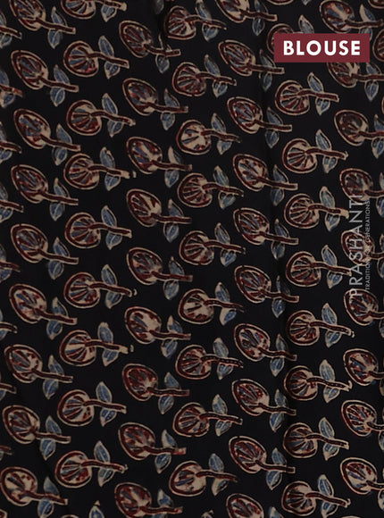 Satin crepe silk saree sandal and black with allover mirror work and ajrakh printed blouse