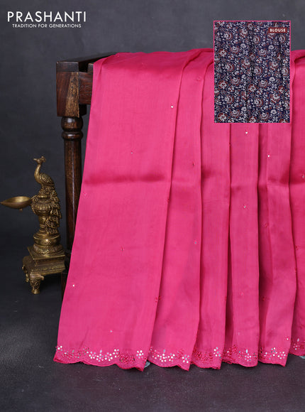 Satin crepe silk saree pink and blue with allover mirror work and ajrakh printed blouse
