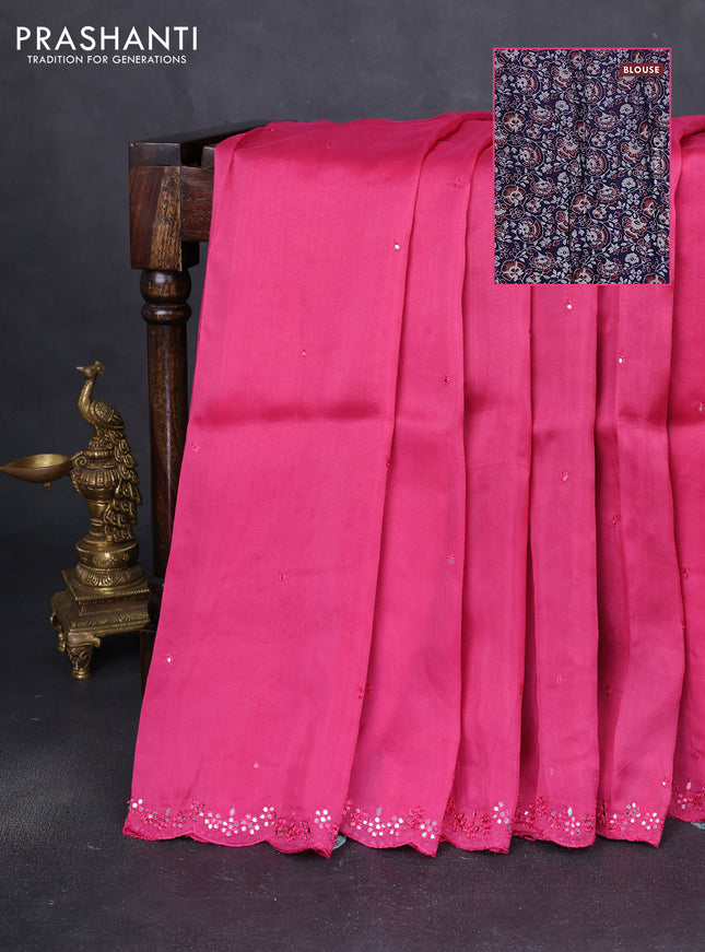 Satin crepe silk saree pink and blue with allover mirror work and ajrakh printed blouse