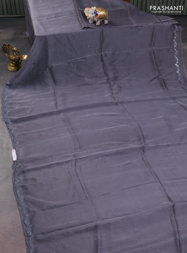 Satin crepe silk saree grey and black with allover mirror work and ajrakh printed blouse