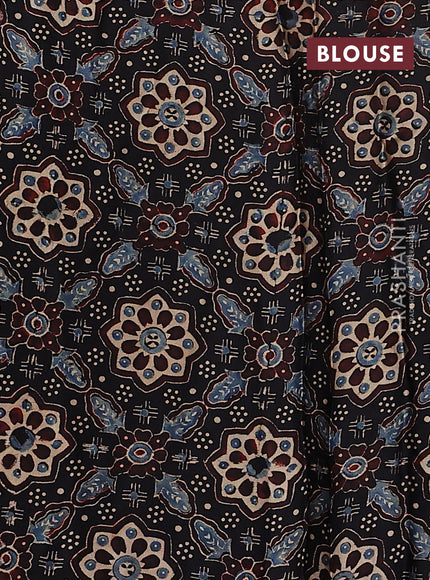 Satin crepe silk saree grey and black with allover mirror work and ajrakh printed blouse