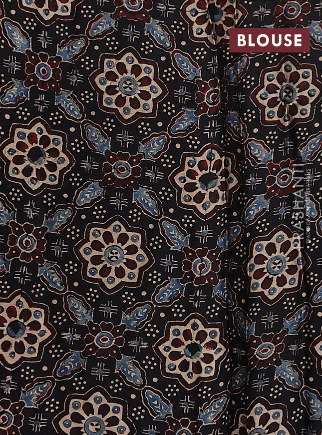 Satin crepe silk saree grey and black with allover mirror work and ajrakh printed blouse