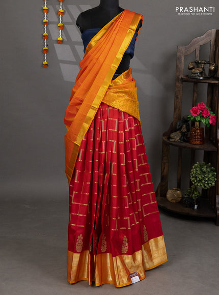 Pure silk lehenga dhawani maroon and mango yellow with zari woven buttas and rich zari woven border
