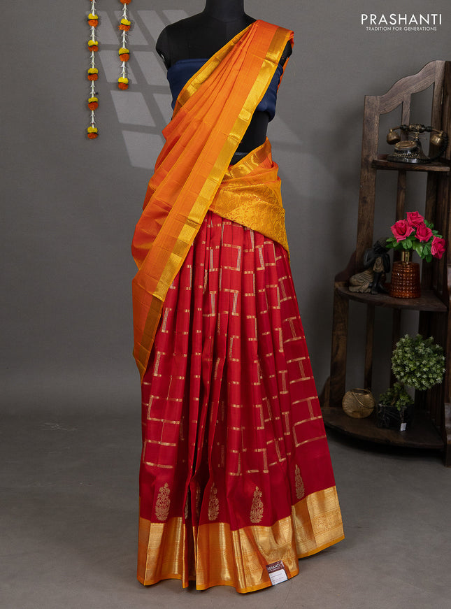 Pure silk lehenga dhawani maroon and mango yellow with zari woven buttas and rich zari woven border