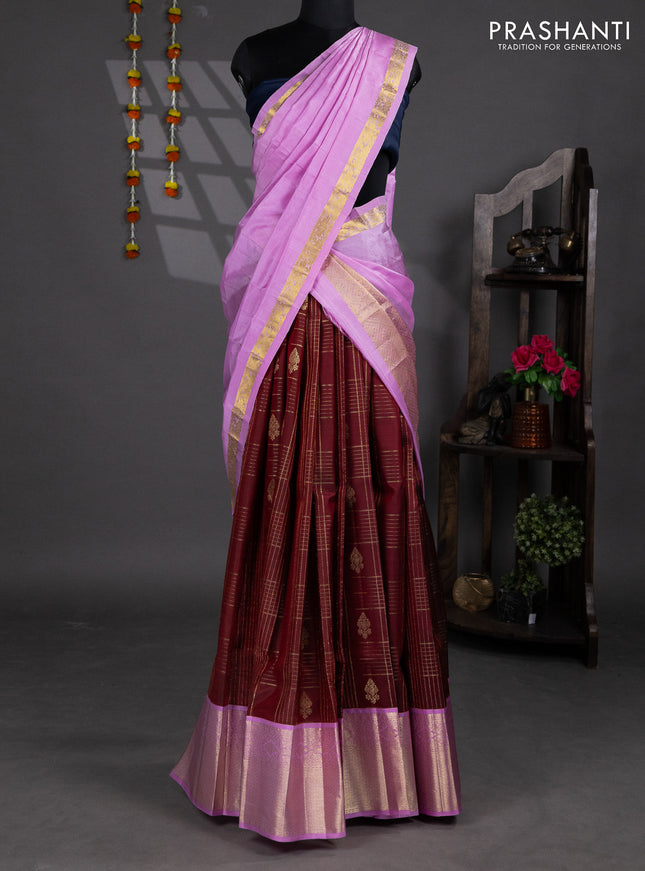 Pure silk lehenga dhawani maroon and light pink with allover zari checks & buttas and rich zari woven korvai border