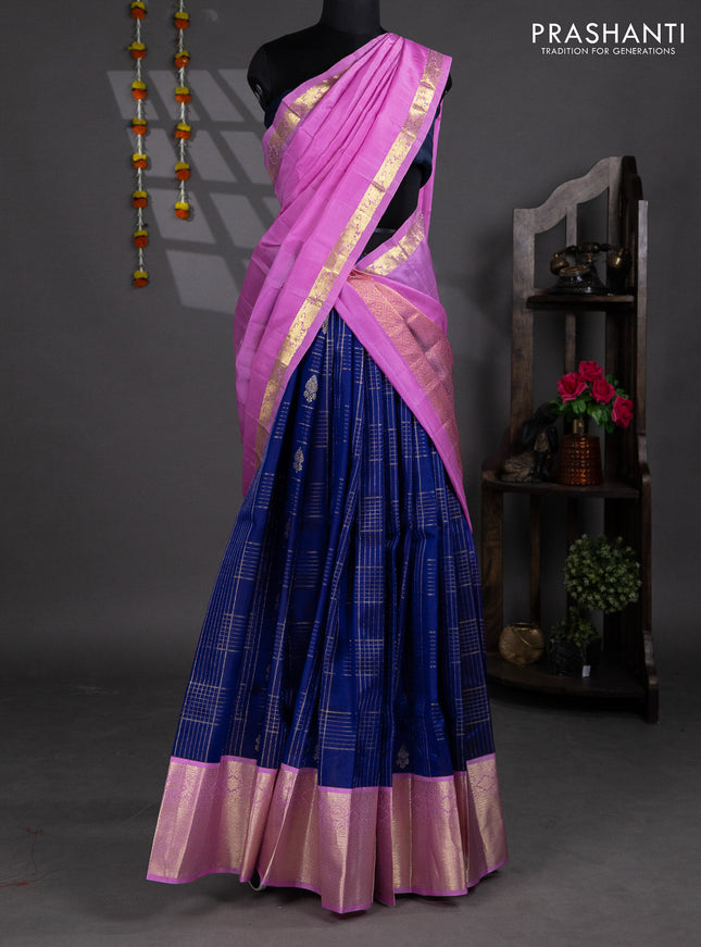 Pure silk lehenga dhawani blue and lotus pink with allover zari checks & buttas and rich zari woven korvai border