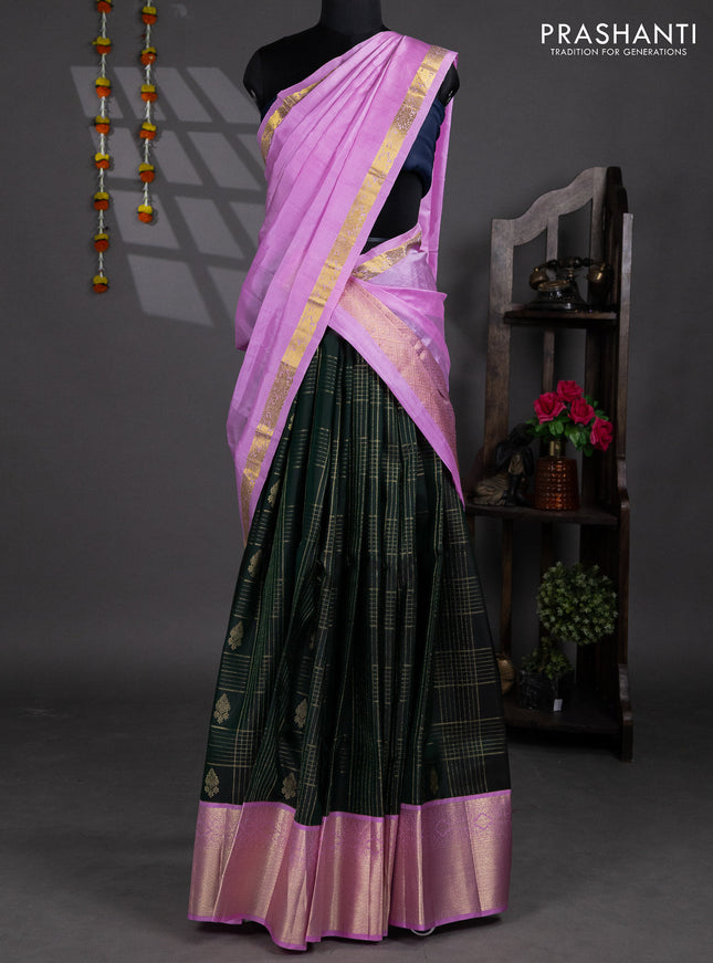 Pure silk lehenga dhawani bottle green and lotus pink with allover zari checks & buttas and rich zari woven korvai border