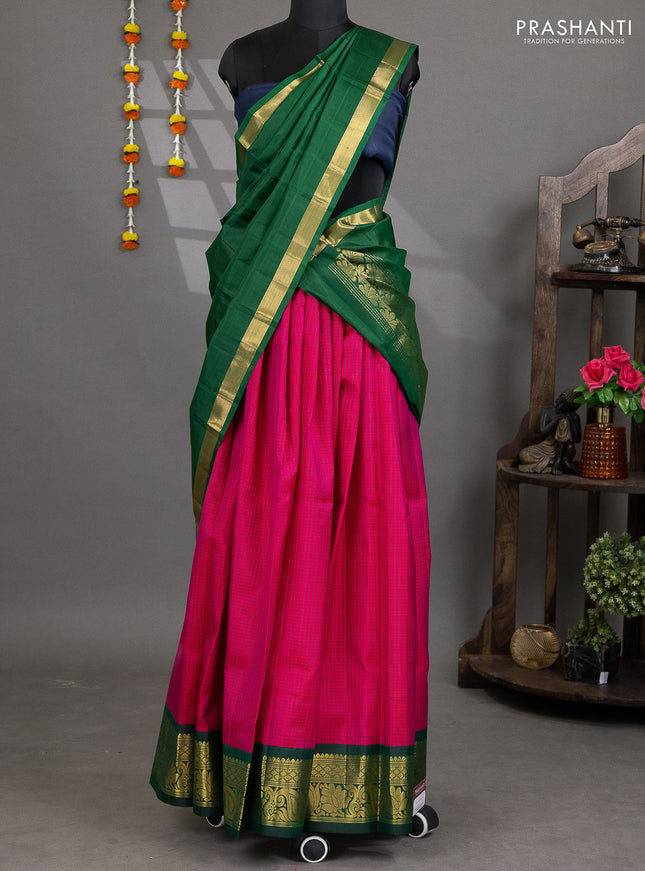 Pure silk lehenga dhawani dark pink and green with allover checked pattern and rich zari woven korvai border