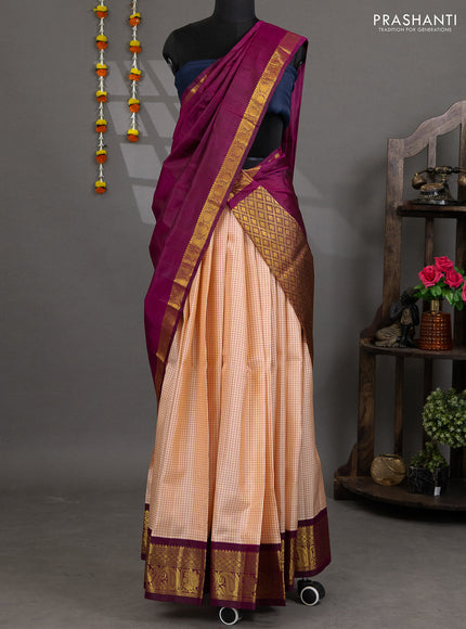 Pure silk lehenga dhawani mild peach and wine shade with allover checked pattern and rich zari woven korvai border