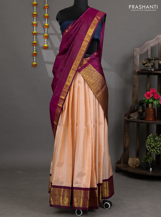 Pure silk lehenga dhawani mild peach and wine shade with allover checked pattern and rich zari woven korvai border