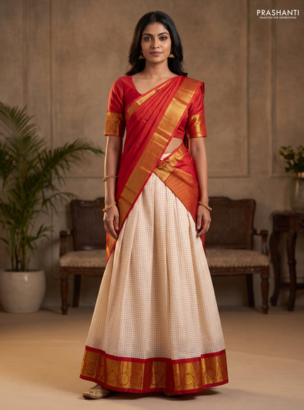 Pure silk lehenga dhawani cream and red with allover checked pattern and rich zari woven korvai border