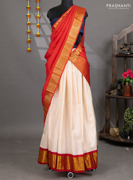 Pure silk lehenga dhawani cream and red with allover checked pattern and rich zari woven korvai border