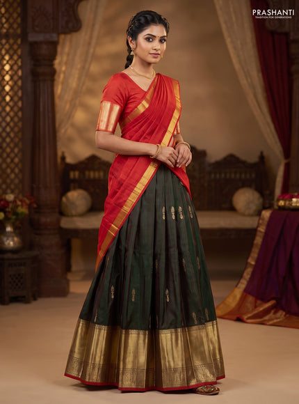 Pure silk lehenga dhawani dual shade of green and red with zari woven buttas and long rich zari woven border