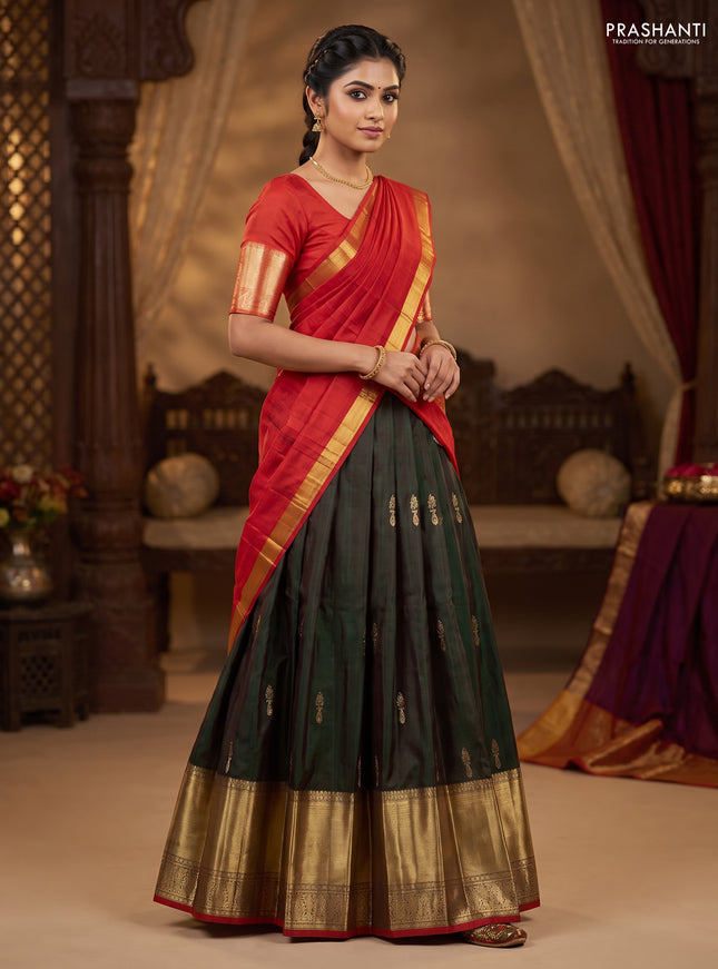 Pure silk lehenga dhawani dual shade of green and red with zari woven buttas and long rich zari woven border
