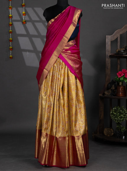 Pure silk tissue lehenga dhawani gold and pink with allover zari woven floral brocade weaves and long rich zari woven border