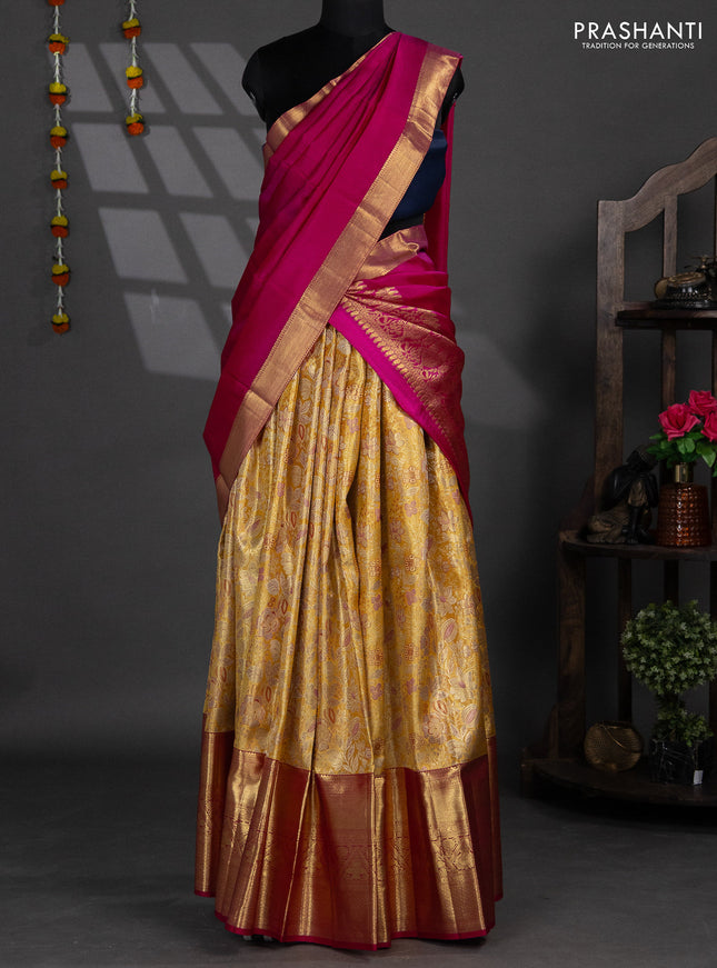 Pure silk tissue lehenga dhawani gold and pink with allover zari woven floral brocade weaves and long rich zari woven border