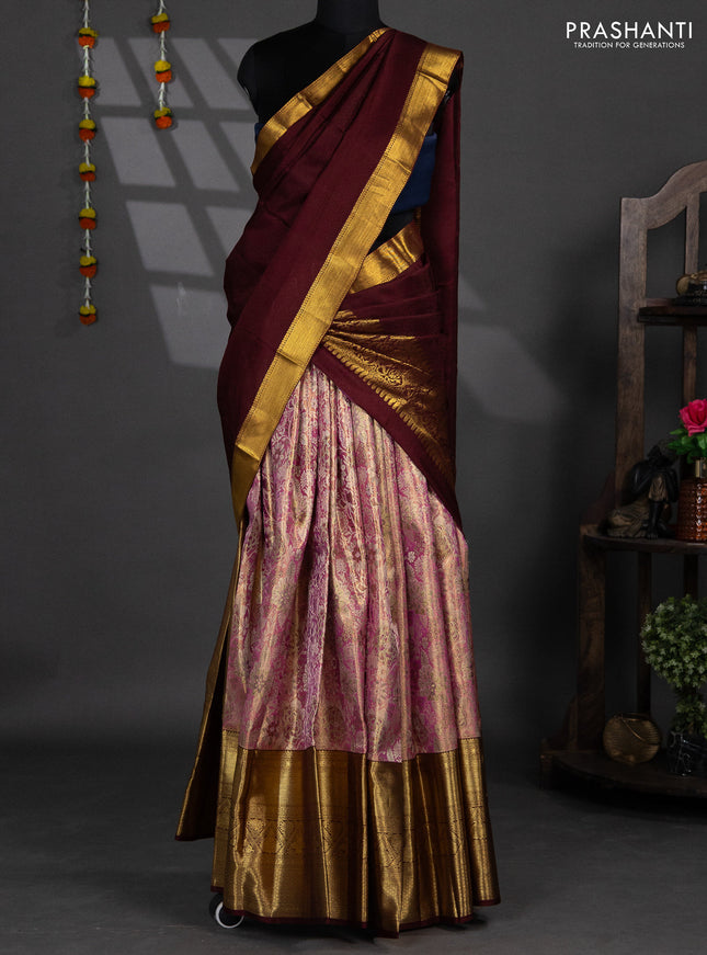 Pure silk tissue lehenga dhawani pink and deep maroon with allover zari woven floral brocade weaves and long rich zari woven border