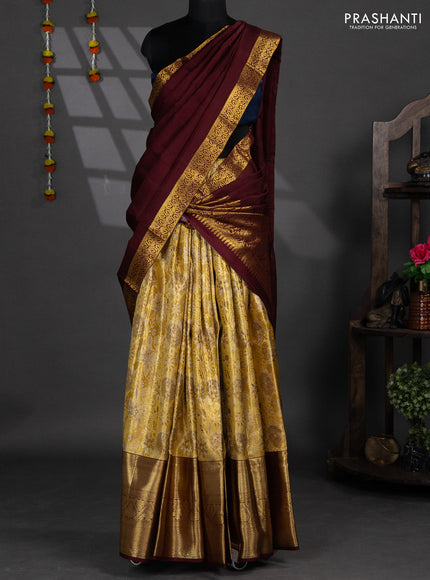 Pure silk tissue lehenga dhawani mustrad yellow and deep maroon with allover zari woven floral brocade weaves and long rich zari woven border