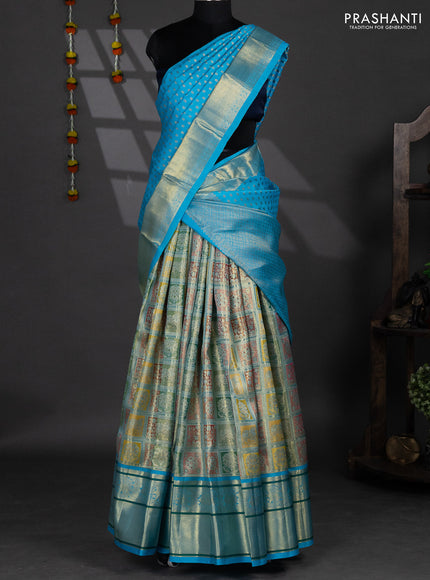 Pure silk tissue lehenga dhawani multi colour and light blue with allover zari woven brocade weaves and long rich zari woven border