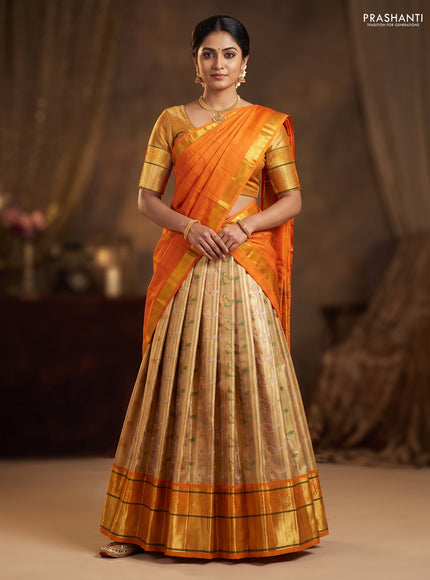 Pure silk tissue lehenga dhawani gold and orange with allover brid zari woven brocade weaves and long rich zari woven border