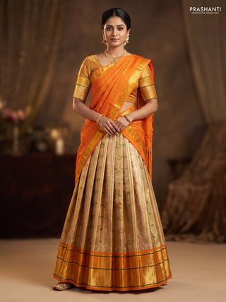 Pure silk tissue lehenga dhawani gold and orange with allover brid zari woven brocade weaves and long rich zari woven border