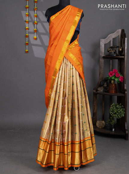 Pure silk tissue lehenga dhawani gold and orange with allover brid zari woven brocade weaves and long rich zari woven border