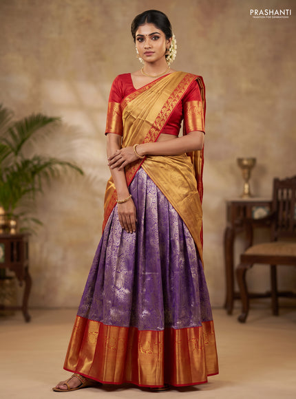 Pure silk lehenga dhawani violet and red with allover silver zari woven elephant brocade weaves and long rich zari woven border