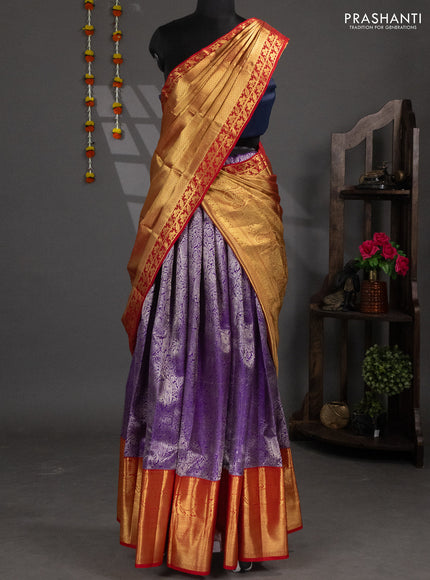 Pure silk lehenga dhawani violet and red with allover silver zari woven elephant brocade weaves and long rich zari woven border