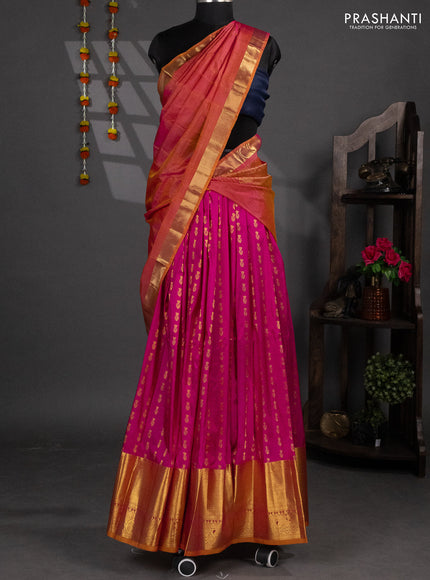 Pure silk lehenga dhawani pink and dual shade of mustrad yellowish pink with allover zari woven floral butta weaves and long rich zari woven border