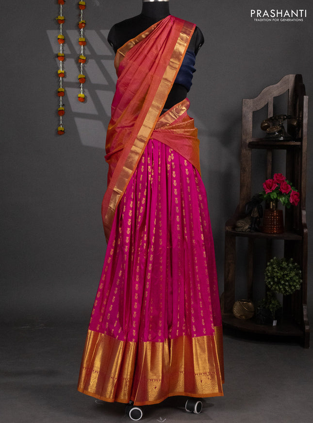 Pure silk lehenga dhawani pink and dual shade of mustrad yellowish pink with allover zari woven floral butta weaves and long rich zari woven border