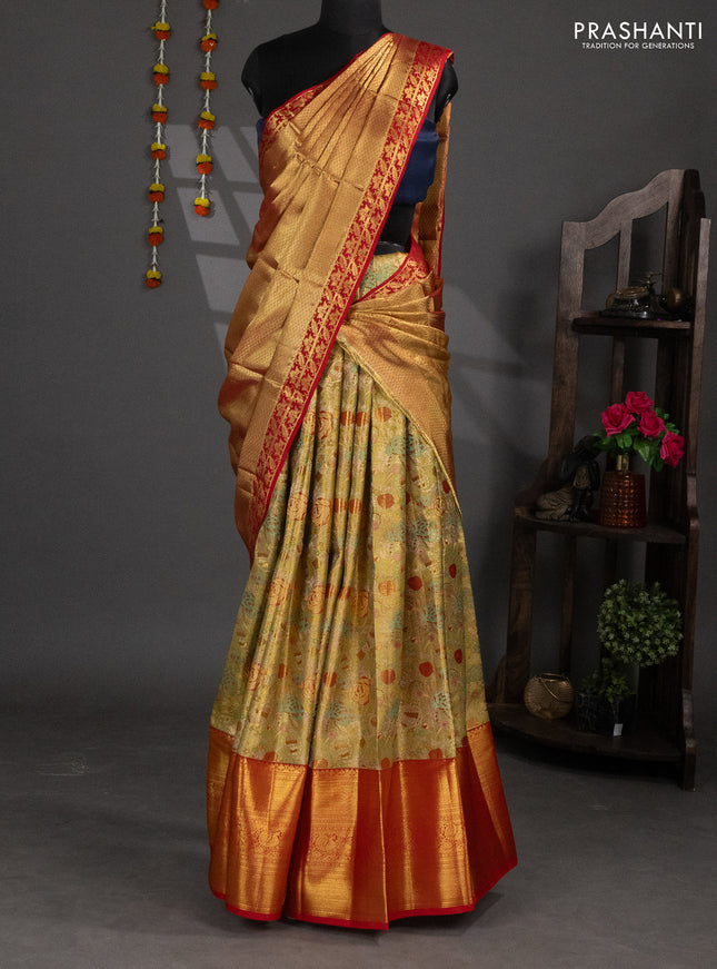 Pure silk tissue lehenga dhawani dual shade of green and red with allover zari woven brocade weaves and long rich zari woven border