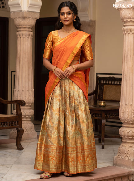 Pure silk tissue lehenga dhawani dual shade of orange with allover zari woven brocade weaves and long rich zari woven border