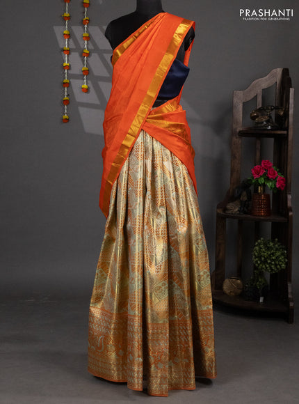 Pure silk tissue lehenga dhawani dual shade of orange with allover zari woven brocade weaves and long rich zari woven border