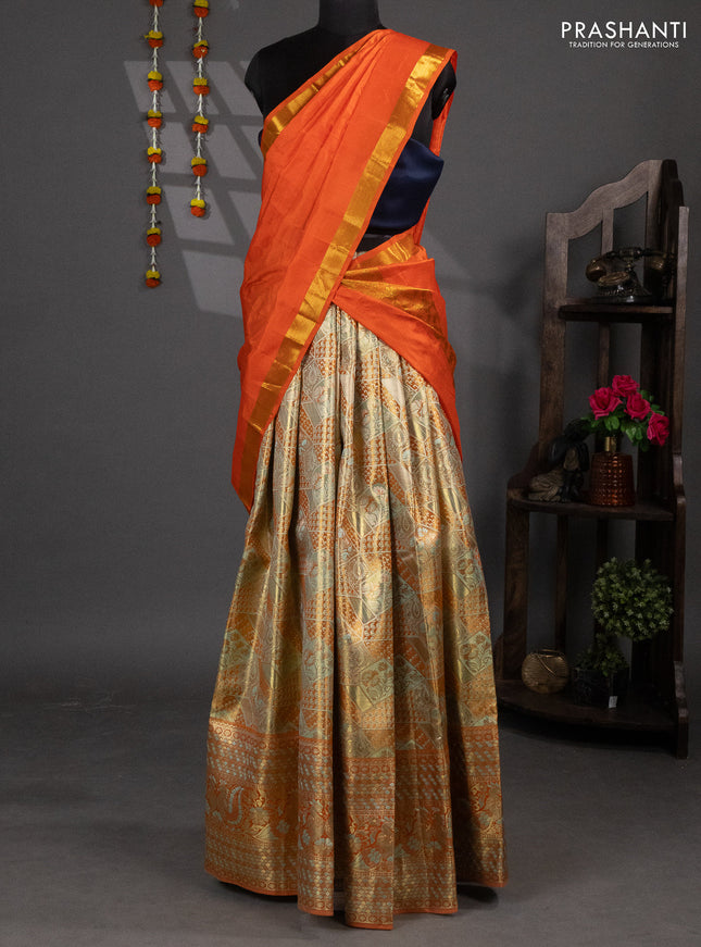 Pure silk tissue lehenga dhawani dual shade of orange with allover zari woven brocade weaves and long rich zari woven border