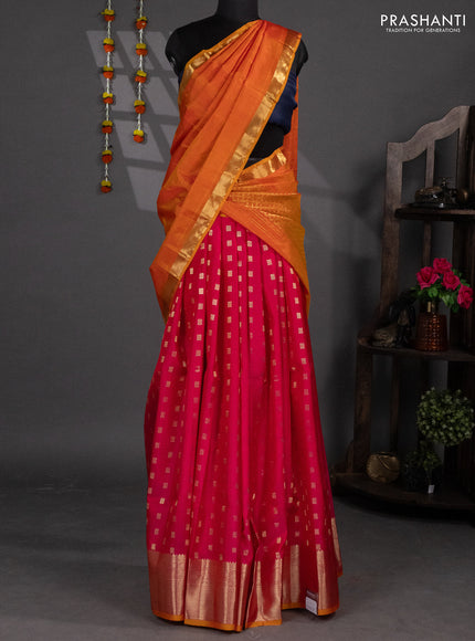 Pure silk lehenga dhawani pink and dual shade of mustard yellow with allover zari woven butta weaves and rich zari woven border