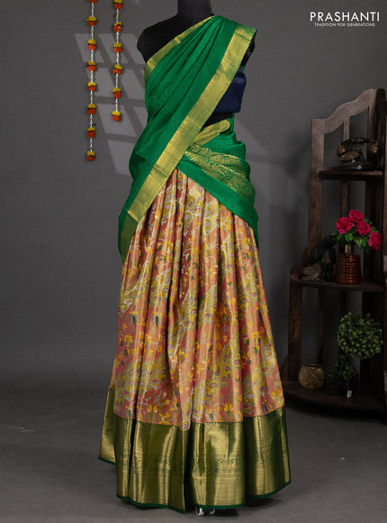 Pure silk tissue lehenga dhawani dual shade of pink and green with allover zari woven brocade weaves and long rich zari woven border