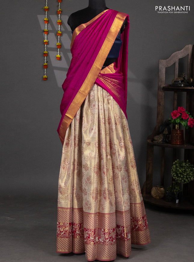 Pure silk tissue lehenga dhawani gold and purple with allover zari woven floral brocade weaves and long rich zari woven border