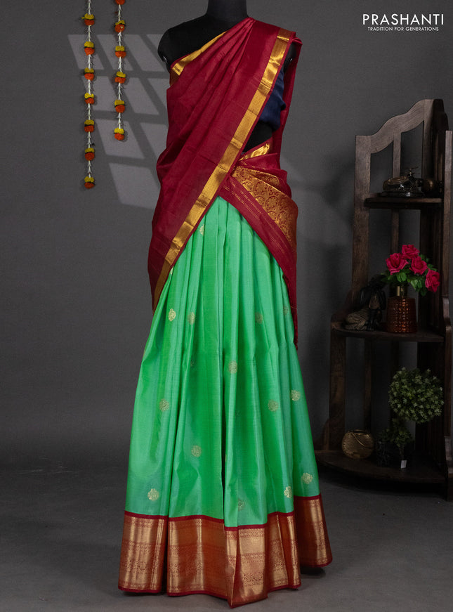 Pure silk lehenga dhawani teal green shade and maroon with zari woven buttas and long rich zari woven korvai border