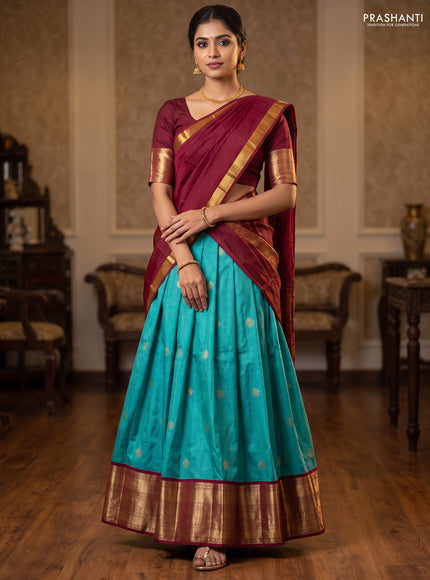 Pure silk lehenga dhawani teal blue and maroon with zari woven buttas and long rich zari woven korvai border