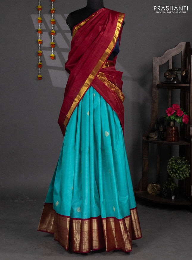 Pure silk lehenga dhawani teal blue and maroon with zari woven buttas and long rich zari woven korvai border