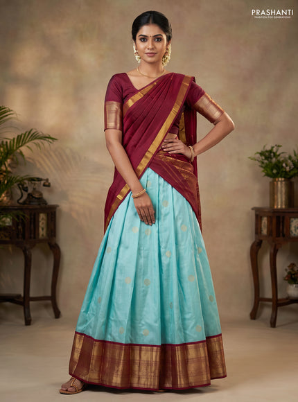 Pure silk lehenga dhawani teal blue and maroon with zari woven buttas and long rich zari woven korvai border