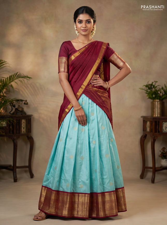 Pure silk lehenga dhawani teal blue and maroon with zari woven buttas and long rich zari woven korvai border