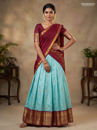 Pure silk lehenga dhawani teal blue and maroon with zari woven buttas and long rich zari woven korvai border