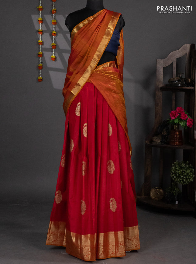 Pure silk lehenga dhawani kumkum red and dark mustard with zari woven paisley buttas and rich zari woven border