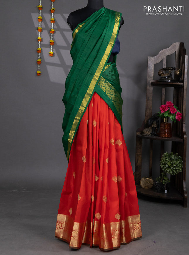Pure silk lehenga dhawani red and green with zari woven buttas and rich zari woven border